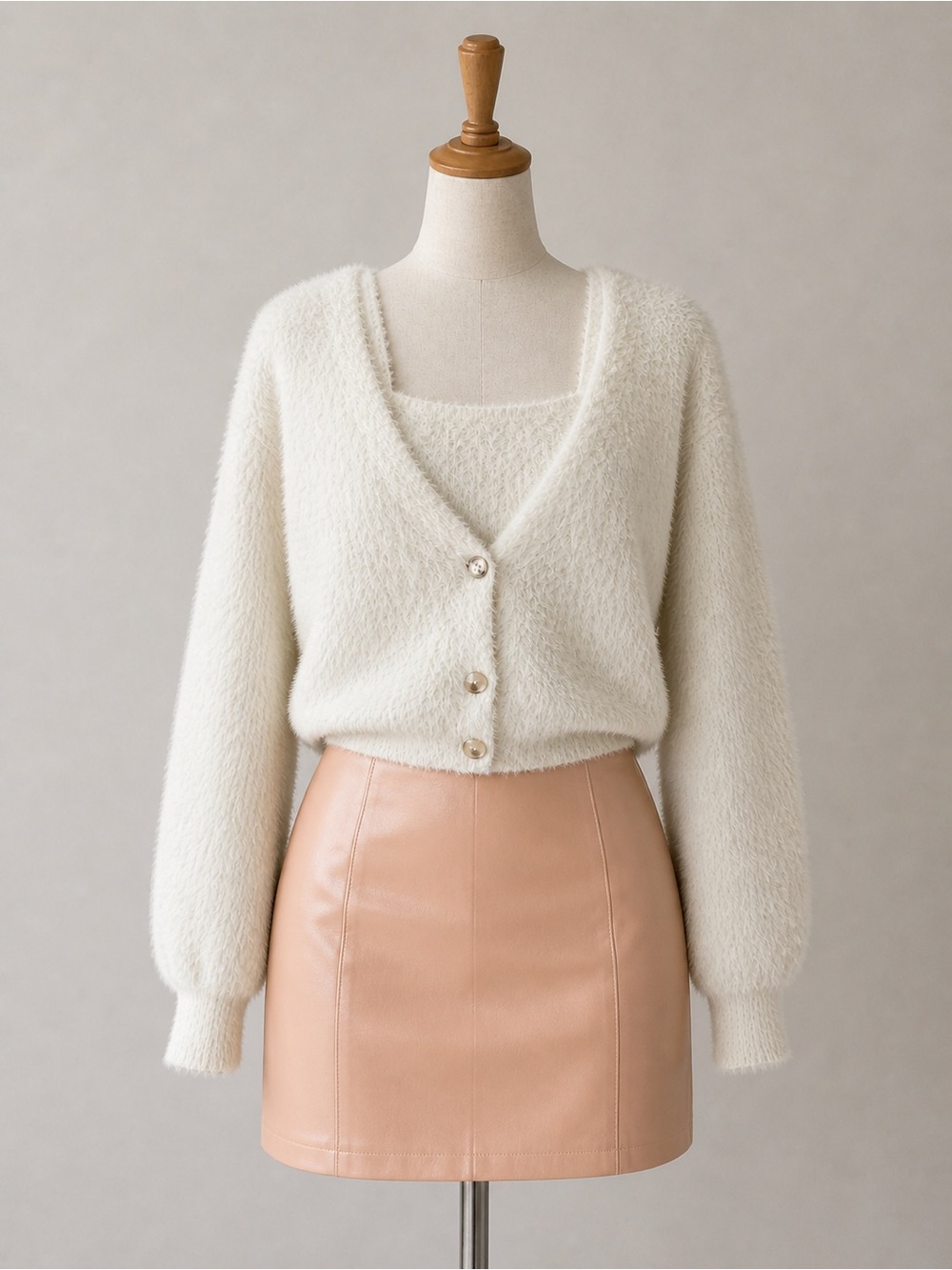 Fuzzy Knit Cardigan & Cami Set Cream Cropped Button Front M